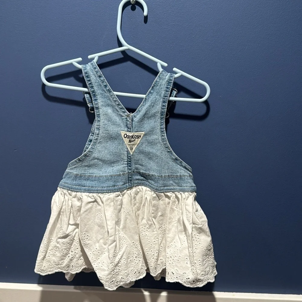 Oshkosh B'gosh Baby Girl Overall Dress 12 Months Denim And White Eyelet Skirt